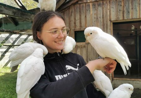 Celestine Adelmant mit den Goffin Kakadus.