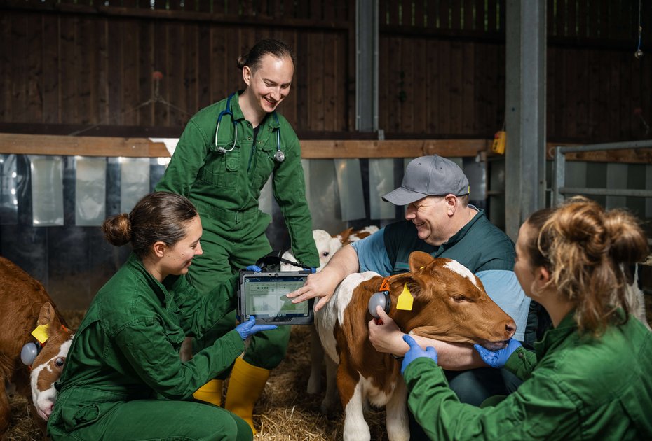 Malina Flessner, Mathias Gosch, Michael Iwersen und Barbara Pichlbauer mit Kalb und Tablet.